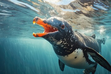 Close-up of a seal with open mouth in the ocean, Gentoo penguin swimming marine life underwater ocean, AI Generated - obrazy, fototapety, plakaty