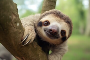 Naklejka premium Cute sloth hanging on the tree in the rainforest, Funny sloth hanging on tree branch, cute face look, AI Generated