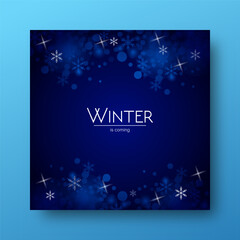 Beautiful glowing snowflakes winter concept on dark blue background design banner template for place text advertisement.
