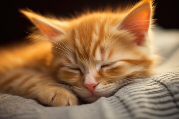 Obraz premium Cute little ginger kitten sleeping on the bed. Shallow depth of field, Gigner kitten sleeping, AI Generated
