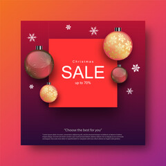 Christmas promotion sale banner background with Christmas ball and snowflakes template for place text advertisement.