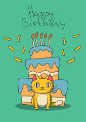 Happy birthday card and party invitation with cute cat and cake with candles