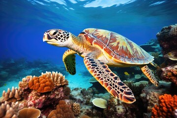 Fototapeta premium Hawaiian Green Sea Turtle Eretmochelys imbricata in the Red Sea, Green sea turtle swimming around colorful coral reef formations in the wild, AI Generated