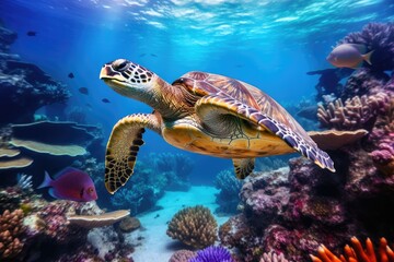 Hawaiian Green Sea Turtle Chelonia mydas swimming underwater, Green sea turtle swimming around colorful coral reef formations in the wild, AI Generated - obrazy, fototapety, plakaty
