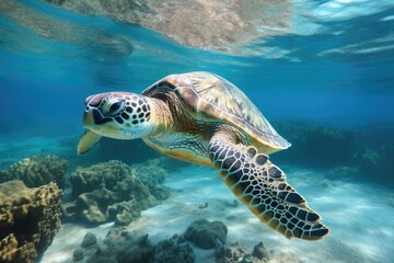 Hawaiian Green Sea Turtle Chelonia mydas, Green sea turtle from the island of Cyprus, AI Generated