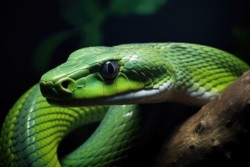 Fototapeta premium Green pit viper snake close-up on a dark background, Green ratsnake, Gonyosoma oxycephalum, AI Generated