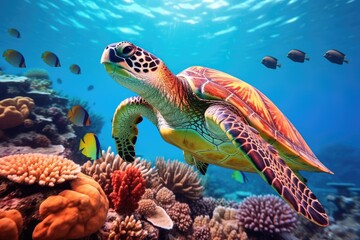 Obraz na płótnie Canvas Green sea turtle on coral reef with tropical fish. 3d render, Green sea turtle swimming around colorful coral reef formations in the wild, AI Generated