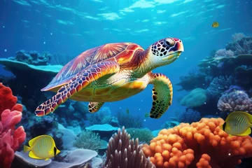 Poster Green sea turtle on coral reef in the Red Sea. 3d rendering, Green sea turtle swimming around colorful coral reef formations in the wild, AI Generated © Ifti Digital