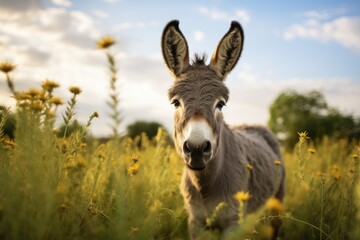 Naklejka na ściany i meble Donkey in the meadow with yellow flowers. Selective focus, Grey donkey in field, AI Generated