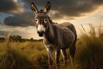 Donkey in the field with dramatic sky and clouds. Toned, Grey donkey in field, AI Generated