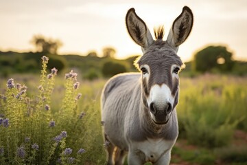 Naklejka na ściany i meble Donkey in the field at sunset. Animal in the wild, Grey donkey in field, AI Generated