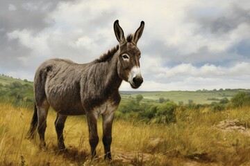 Naklejka na ściany i meble Donkey in the meadow with a cloudy sky in the background, Grey donkey in field, AI Generated