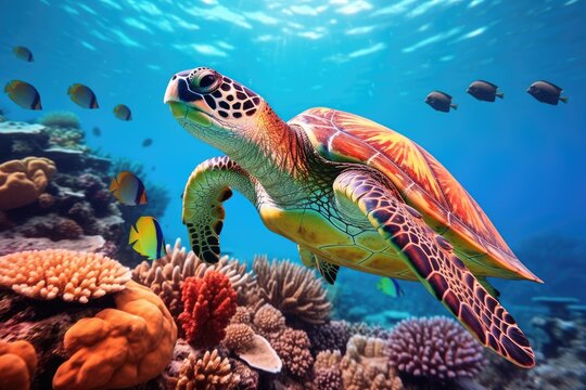 Green sea turtle on coral reef with tropical fish. 3d render, Green sea turtle swimming around colorful coral reef formations in the wild, AI Generated