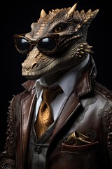 Dragon dressed in a classy modern suit, standing as a successful leader and a confident gentleman. Fashion portrait of an anthropomorphic animal, chimp, chimpanzee, posing with a charismatic