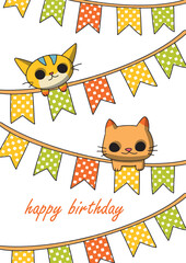 Vector children's illustration. Birthday card. Cute kitten, holiday flags. Template for congratulations, invitations, posters.