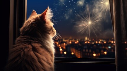 Cat looks out the window and watching the fireworks, generative ai - obrazy, fototapety, plakaty