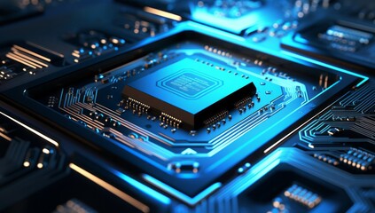 Fototapeta premium The Heart of the Machine: A Powerful Processor Chip on a Vibrant Blue Circuit Board
