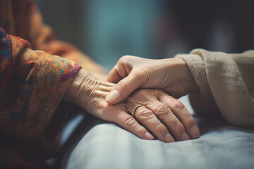Close up of hand of young person holding hand of old person. Elderly care concept