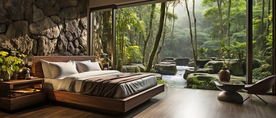 A bedroom overlooking a forest with waterfalls