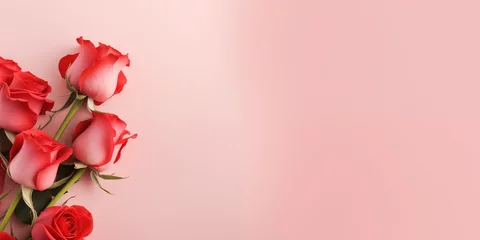 Foto op Plexiglas Valentine's Day design concept background with pink and red rose flower on pink table background, Valentines, Spring or Mothers day, generative ai © OP38Studio