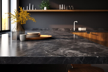 An up-close 3D render of a white kitchen featuring a black marble countertop is depicted.