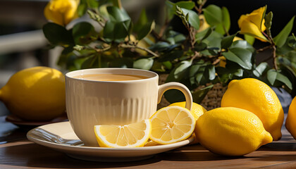 Fresh lemon slice on wooden table, refreshing summer drink generated by AI