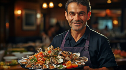 The chef serving a beautiful meal of fresh seafood. - obrazy, fototapety, plakaty