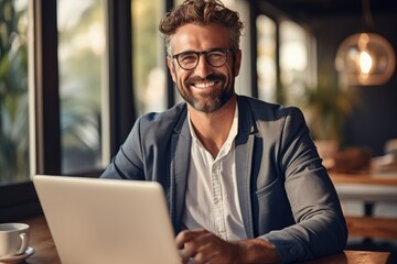 Obraz premium Businessman working from home having a business meeting, Happy expression.