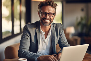 Fototapeta premium Businessman working from home having a business meeting, Happy expression.