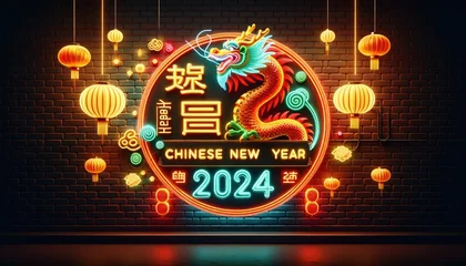 Fotobehang Chinese New Year 2024 background, brick wall with neon lights, Chinese New Year 2024, dragon elements with zodiac year of the dragon with hanging Chinese lanterns and festive decorations. © Thanaphon