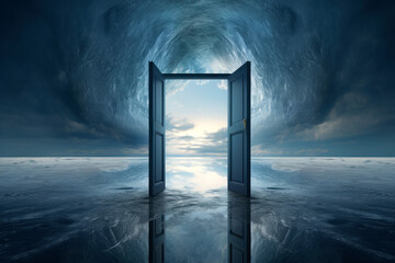 Open door concept with swirling clouds and sunlight - obrazy, fototapety, plakaty