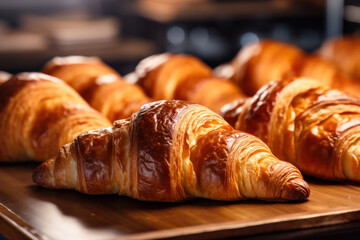 Golden croissants on wooden bakery counter