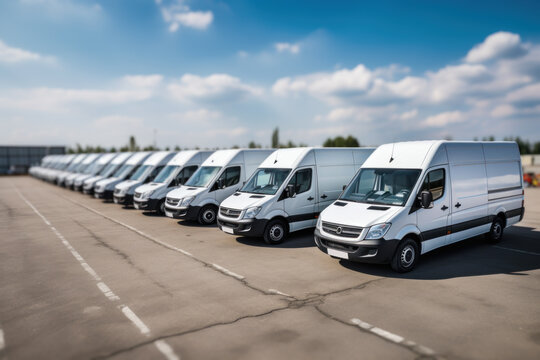 Fototapeta Aligned white cargo vans ready for dispatch at depot