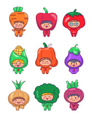 Cute children in vegetables costumes. Adorable boys and girls cartoon characters in clothes carrot, pepper, tomato, corn, pumpkin, eggplant, onion, broccoli, beet.