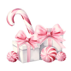 Watercolor Pink Christmas Candy Cane and Gift Boxes