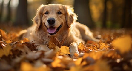 Golden retriever dog sitting on a pile of dry maple leaves, autumn theme concept