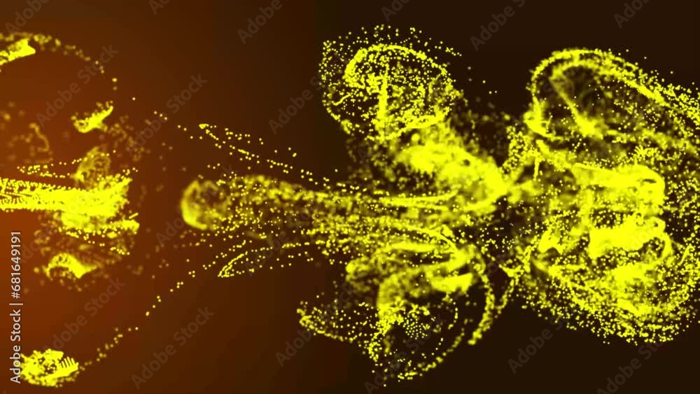 Poster yellow fluid particle dots are flowing in the animated video. animation of glowing fluid particles f