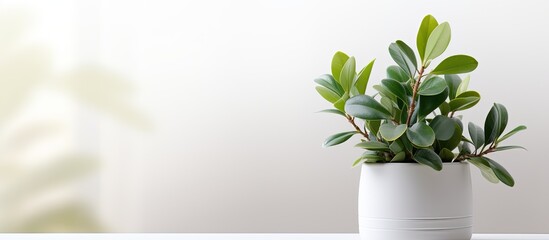 In a pristine white interior, a beautifully illustrated potted plant with vibrant green leaves and delicate flowers stands on a table, bringing a touch of natural beauty and a hint of the outdoors