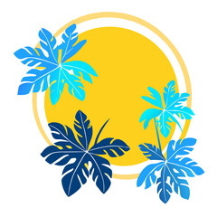 Fototapeta na wymiar Tropical palm leaves frame on yellow and light blue background, minimal nature, summer style.