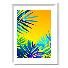 Tropical palm leaves frame on yellow and light blue background, minimal nature, summer style.