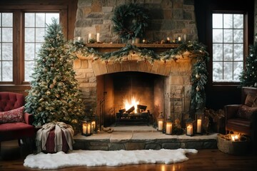 fireplace with christmas decorations