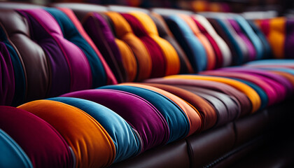 Fototapeta premium A vibrant collection of colorful textiles on a modern sofa generated by AI