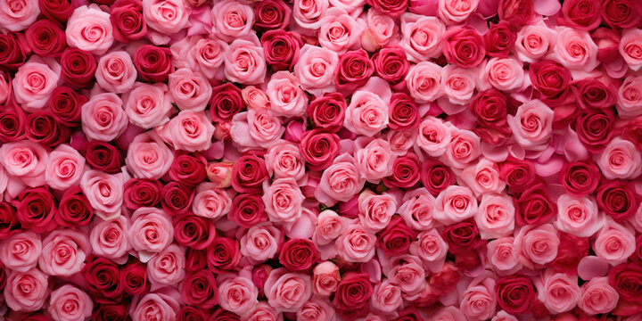Assorted pink roses top view, romantic texture