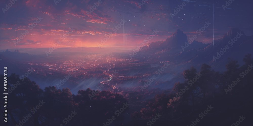 Canvas Prints  a purple sun setting over an alien fantasy scene