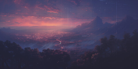  a purple sun setting over an alien fantasy scene