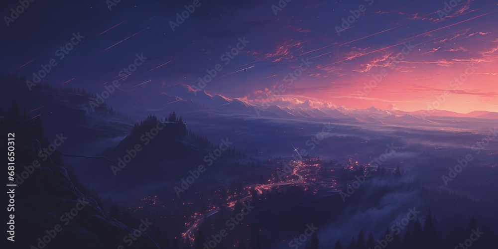 Canvas Prints a purple sun setting over an alien fantasy scene