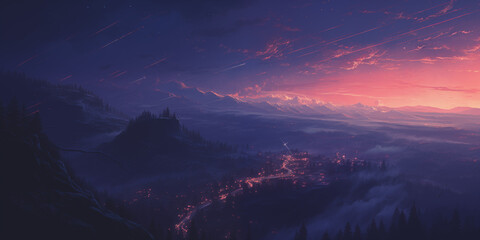  a purple sun setting over an alien fantasy scene