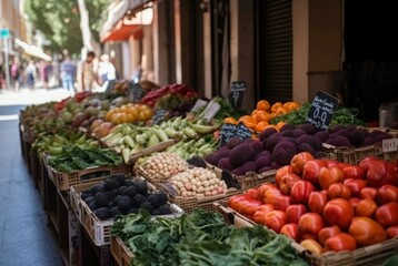 Vegetables outdoor street market. Summer urban local city store. Generate Ai