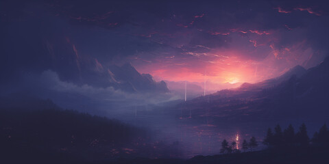  a purple sun setting over an alien fantasy scene