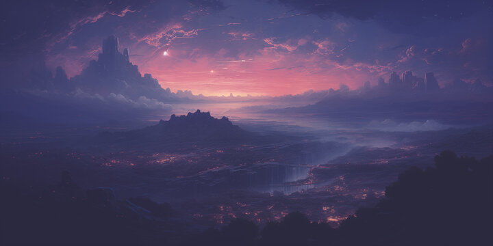  a purple sun setting over an alien fantasy scene